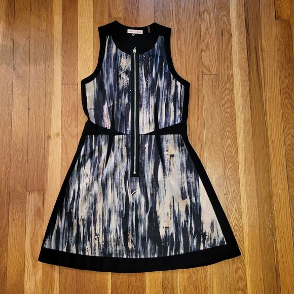 Rebecca Taylor Brushstroke Shift Dress, 100% Silk Panel, Blue Creme Black, Sz 4 - Picture 4 of 9